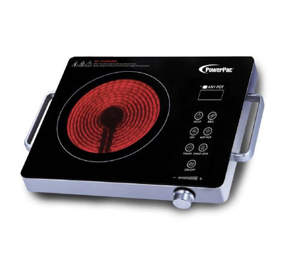 PowerPac PPIC831 2000W electric ceramic cooker in glossy obsidian black featuring a circular red infrared zone, side handles, and a front sensor touch menu.