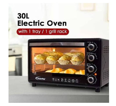 PowerPac PPT30 30L Countertop Convection Oven in Sleek Silver Stainless Steel, featuring intuitive multi-cooker control dials and a heat-resistant tempered glass door.