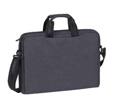 Open internal view of Rivacase 7730 black business bag showing separate padded chambers for a 15.6 inch laptop and a 10.1 inch tablet.