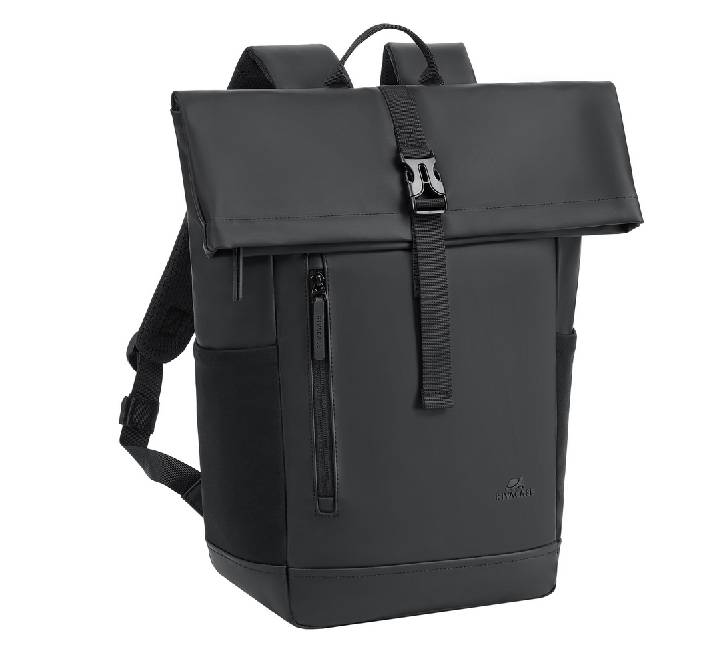 Rivacase 7826 Eden Eco 17L rolltop laptop backpack in classic black front view