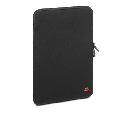 Interior layer view of Rivacase 5224 black laptop sleeve showcasing the anti-slip elastic mesh securing straps and shock-absorbent lining.