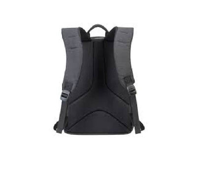 Interior of Rivacase 7490 showing adjustable padded dividers for DSLR camera and 4 lenses.