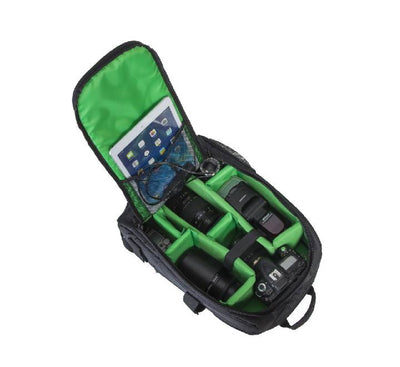 Side view of Rivacase 7490 backpack demonstrating the tripod attachment system and accessory pockets.