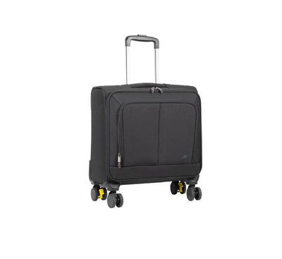 Sturdy aluminum trolley handle and 4-wheel braking system of the Rivacase 8481 ECO travel bag.