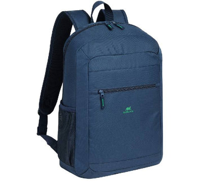 Rivacase 5566 Gremio Eco 15.6 to 16 inch laptop backpack in blue, displaying its 18-liter water-resistant recycled exterior design.