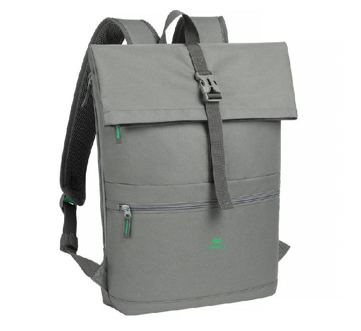 Rivacase 5567 Gremio Eco rolltop 15L laptop backpack in melange grey, showcasing its sustainable water-repellent RPET polyester exterior.