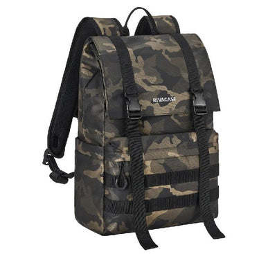 Rivacase 7621 Sherwood ECO 15L rolltop laptop backpack in Brown Camo, front profile view showing tactical MOLLE webbing and water-resistant PU fabric.