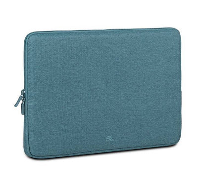 Rivacase 7705 Suzuka ECO 15.6 inch laptop sleeve in Aquamarine, front studio shot showcasing sleek eco-friendly material and stitch details.
