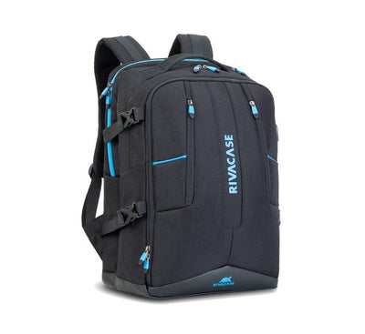 Internal view of Rivacase 7860 backpack showing dedicated sections for keyboard, mouse, and headset.