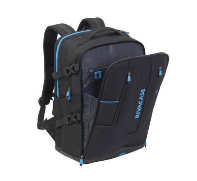 Rivacase 7860 gaming backpack with its included rain cover deployed for heavy weather protection.