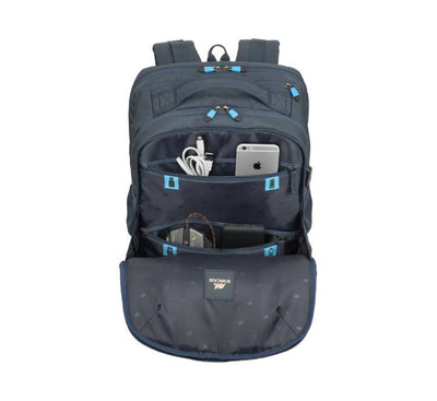 Close-up of the built-in USB charging port on the Rivacase 7861 Borneo gaming backpack.