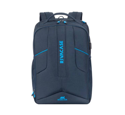 Rivacase 7861 Borneo dark blue 17.3 inch ECO gaming backpack with futuristic front panel.