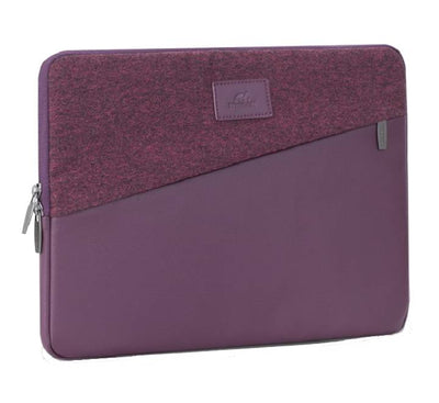 Close-up of the front accessory pocket and asymmetrical zipper on the Rivacase 7903 red sleeve.