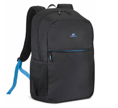 Front view of the Rivacase 8069 Regent 17.3-inch laptop backpack in black with stylish light-blue stitching.