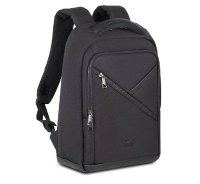Rivacase 8126 Clark ECO 17L laptop backpack in Black, clean front profile view highlighting the unique diagonal zipper accent and sustainable water-repellent fabric.