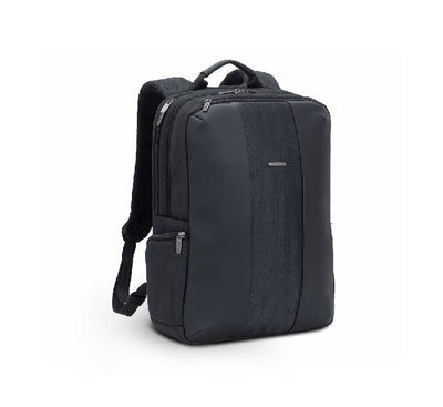 Rear view of Rivacase 8165 backpack showing hidden anti-theft pocket and ventilated back panel.