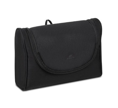 Rivacase 8407 toiletry bag showing built-in hook for hanging in hotel bathrooms for easy access.