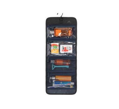 Close-up of the sturdy buckle and water-repellent RPET fabric on the Rivacase 8408 ECO toiletry case.
