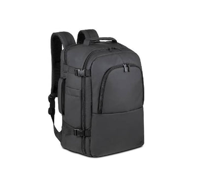 Main compartment of Rivacase 8465 backpack showing cross straps for packing clothes on business trips.
