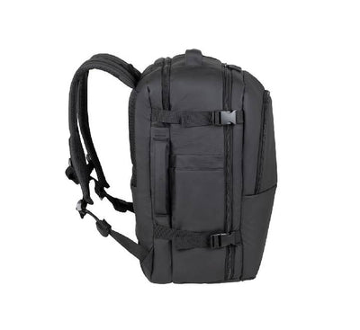 Close-up of the water-resistant laminated coating on the Rivacase 8465 travel backpack for monsoon protection.