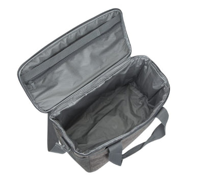 Interior view of the Rivacase Torngat 5726 family cooler bag showing the seamless, leakproof PEVA lining packed vertically with large drink bottles.
