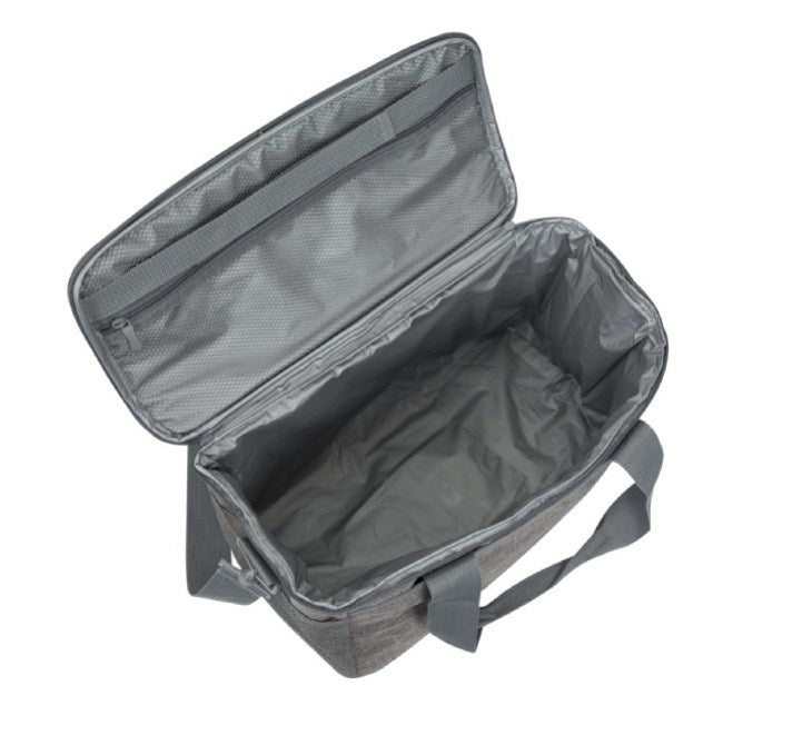 Interior view of the Rivacase Torngat 5726 family cooler bag showing the seamless, leakproof PEVA lining packed vertically with large drink bottles.