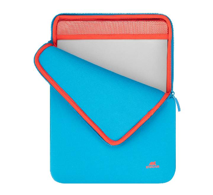 Top angle showing the quick vertical-loading port and dual zipper pulls of the blue Rivacase 5221 case.