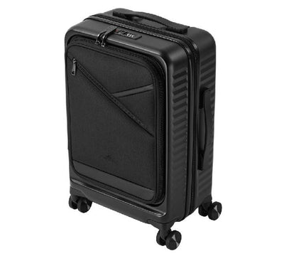 Side perspective of Rivacase 8180 cabin suitcase showing expanded zipper tracking and integrated TSA lock