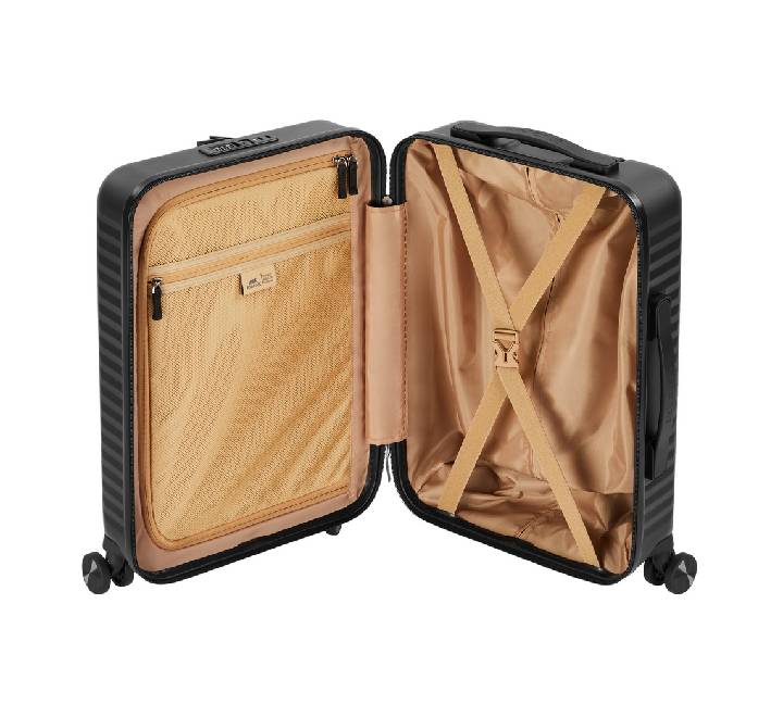 Open back clothing compartment layout of the Rivacase 8181 carry-on luggage with beige lining and packing cross straps