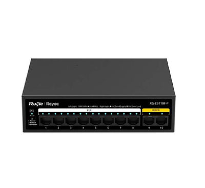 Ruijie Reyee RG-ES110F-P 10-port unmanaged PoE switch front panel showing 8 PoE ports and 2 uplink ports