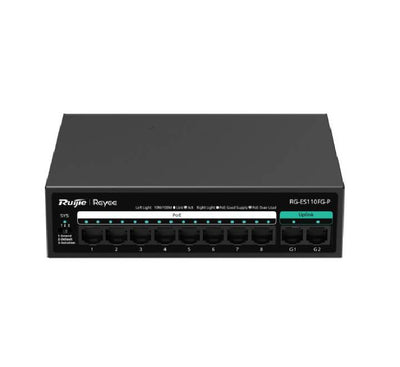 Ruijie Reyee RG-ES110FG-P 8-port unmanaged PoE switch with 2 Gigabit uplink ports front panel