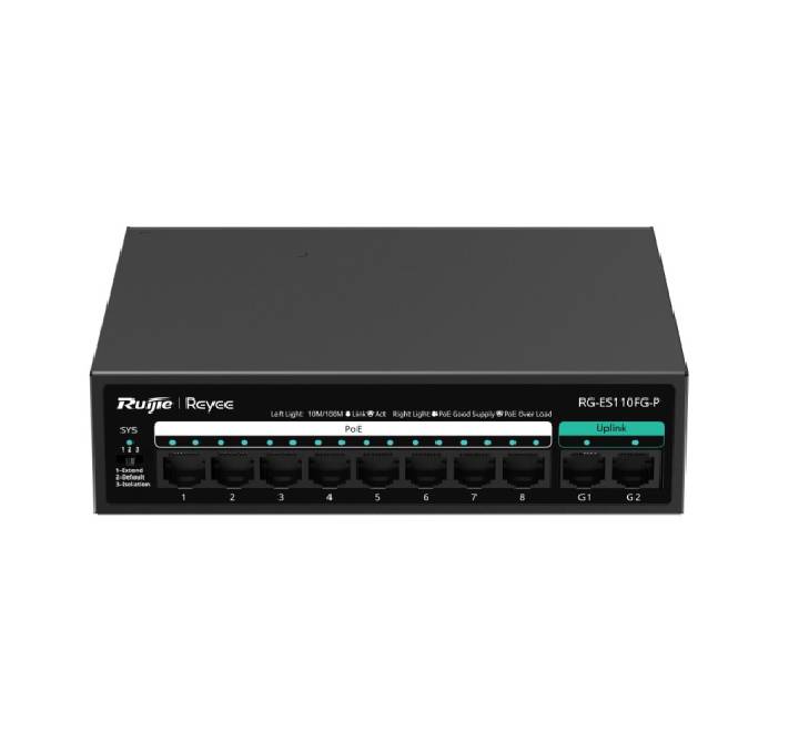 Ruijie Reyee RG-ES110FG-P 8-port unmanaged PoE switch with 2 Gigabit uplink ports front panel