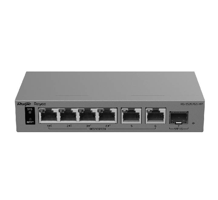 Ruijie Reyee RG-ES207GS-HP 7-port gigabit switch showing 60W PoE++ ports and SFP optical port