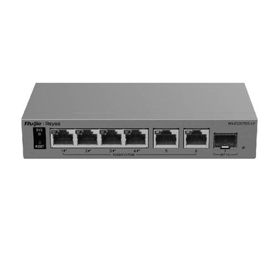 Ruijie Reyee RG-ES207GS-LP 7-port gigabit smart cloud managed PoE switch front panel with 6 RJ45 ports and 1 SFP fiber slot