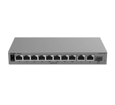 Ruijie Reyee RG-ES211GS-P 10-port gigabit smart cloud PoE switch showing 8 PoE ports, 2 RJ45 uplinks, and 1 SFP port