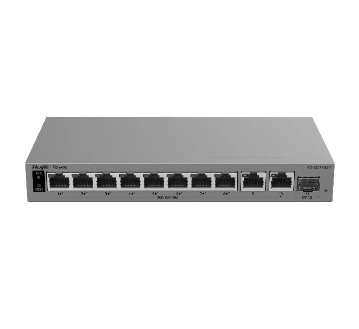 Ruijie Reyee RG-ES211GS-P 10-port gigabit smart cloud PoE switch showing 8 PoE ports, 2 RJ45 uplinks, and 1 SFP port