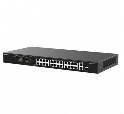 Ruijie Reyee RG-ES126FGS-LP 24-port unmanaged PoE switch in matte charcoal gray, front panel display highlighting 24 PoE ports and dual gigabit uplinks.