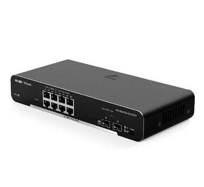 Close up view of the 2 SFP optical uplink ports on the dark metallic gray Ruijie RG-NBS3100-8GT2SFP chassis.