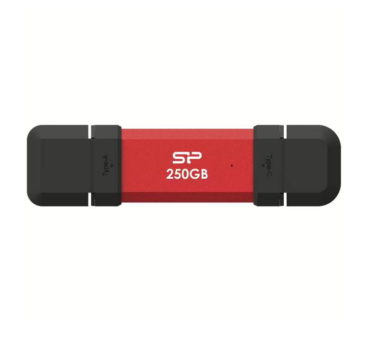 Silicon Power 250GB DS72 Dual USB 3.2 Gen 2 Portable SSD in red showing dual Type-A and Type-C connectors