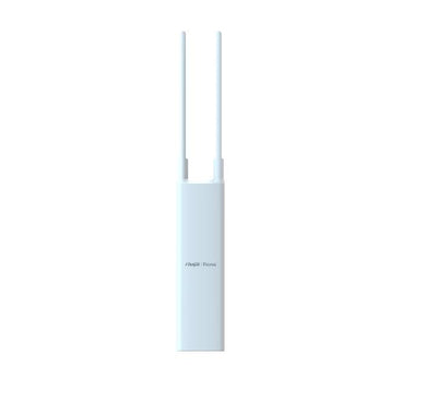 Ruijie Reyee RG-RAP52-OD AC1300 dual-band outdoor Wi-Fi access point with antennas attached, showcasing its sleek compact design.