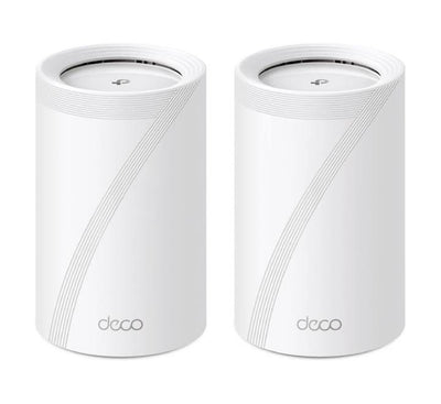 TP-Link Deco BE65 Pro 2-Pack BE11000 Tri-Band WiFi 7 mesh system units standing vertically.