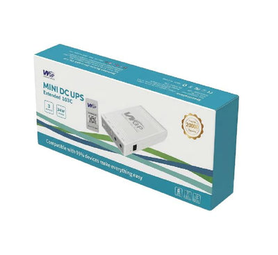 WGP Mini DC UPS 20000mAh in White color showing multiport DC outputs for fiber WiFi router battery backup in Myanmar.
