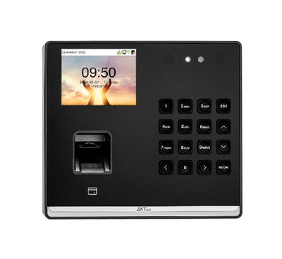 ZKTeco M2F Pro time attendance terminal in black and white dual-tone casing with keypad and fingerprint sensor