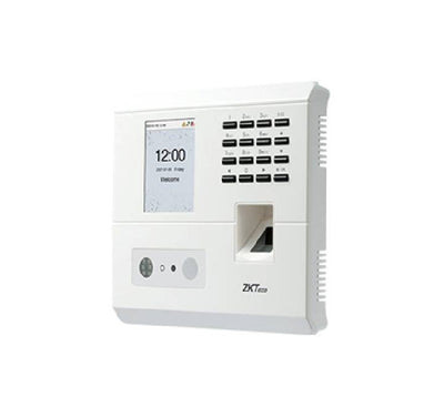 ZKTeco MB10-VL biometric hybrid time attendance terminal showing the 2.8-inch color TFT display screen and dual camera lenses.  