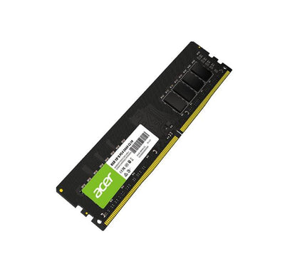 Close up view of the long 288-pin golden bottom connection layout of an Acer 16GB DDR4 3200MHz computer memory stick
