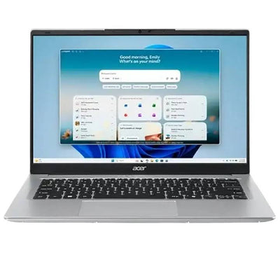 Acer Aspire Lite 14 lightweight laptop in light silver open at a 45-degree angle showing keyboard and display