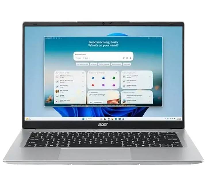 Acer Aspire Lite 14 lightweight laptop in light silver open at a 45-degree angle showing keyboard and display