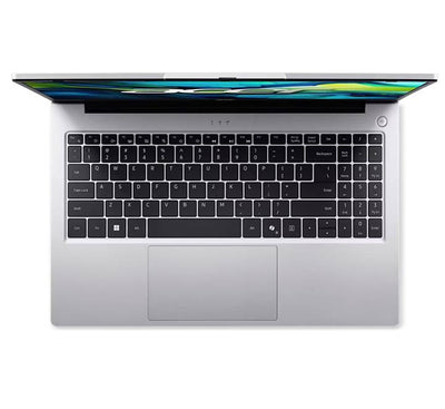 Closed view of the thin and lightweight Acer Aspire Lite 15 metallic-finish laptop showcasing its sleek silver portability.