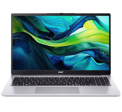Front view of the Acer Aspire Lite AL15-41P-R4TG laptop open, showcasing its 15.6-inch Full HD display and sleek silver chassis.