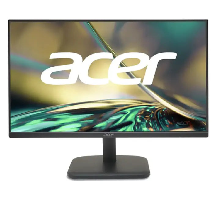 Front view of Acer EK221Q J0bi 21.5 inch Full HD monitor displaying a vibrant, colorful desktop background, showcasing its slim bezels.